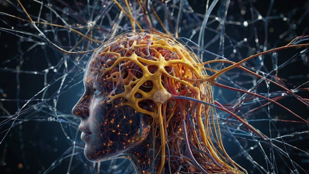 Pessoa com expressão pensativa, com elementos de inteligência artificial sobrepostos na cabeça, simbolizando o impacto da IA no cérebro.