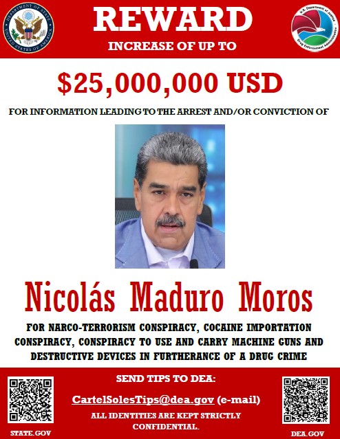 EUA atualizam cartaz de recompensa por Maduro