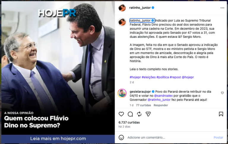 Ratinho Jr. culpa Moro por Dino no STF