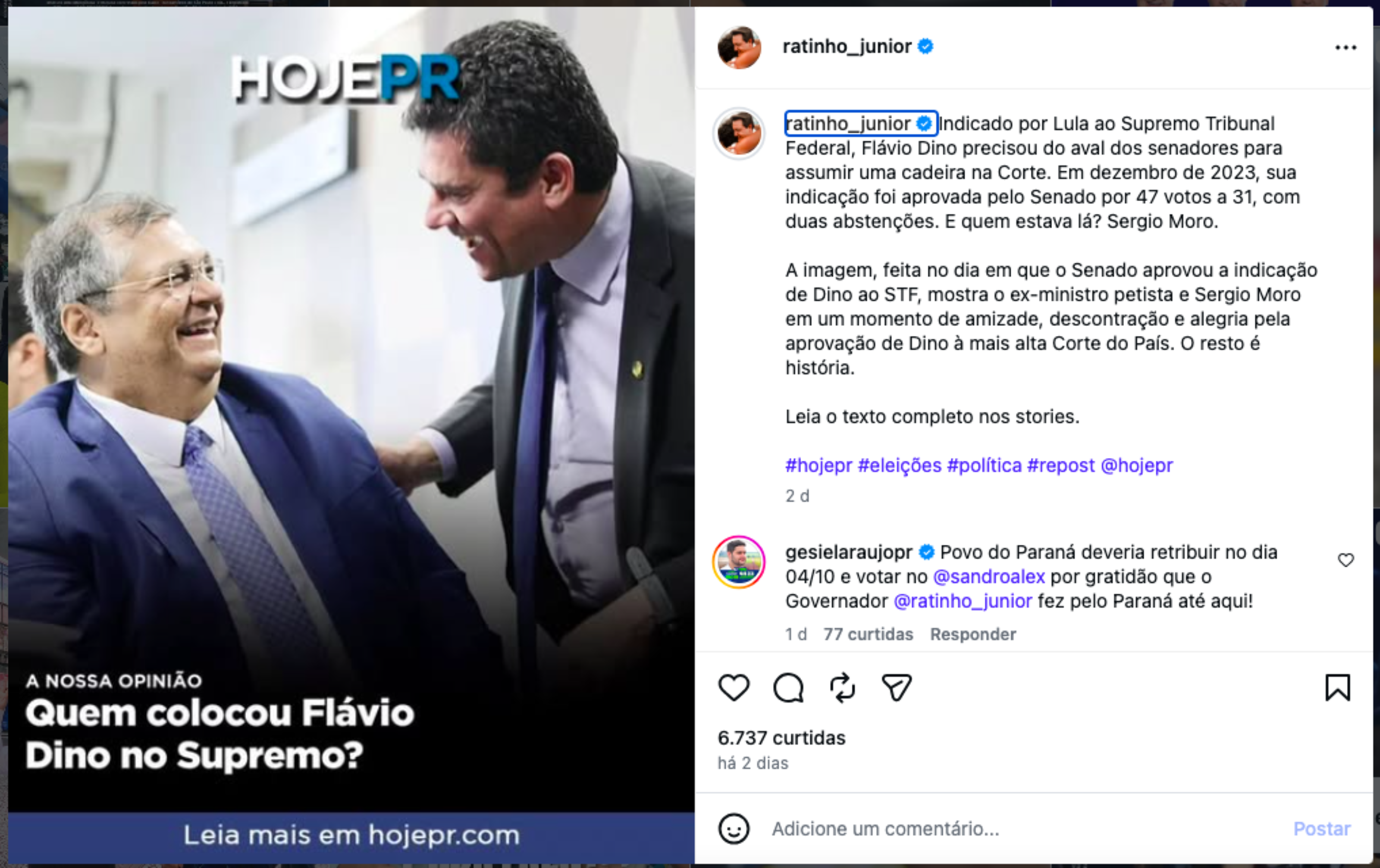 Ratinho Jr. culpa Moro por Dino no STF