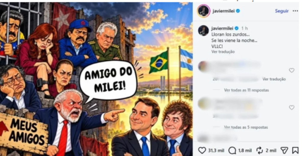 Milei provoca Lula com caricatura após citação em debate