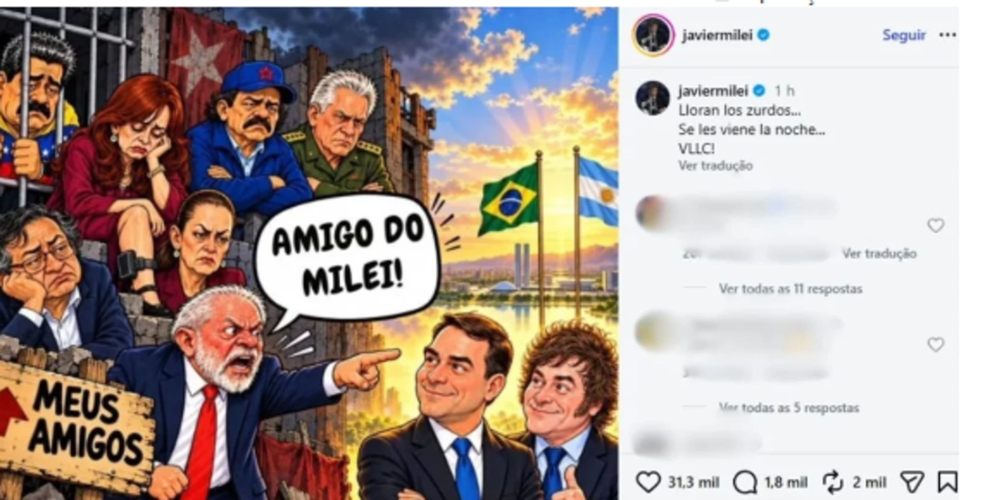 Milei provoca Lula com caricatura após citação em debate
